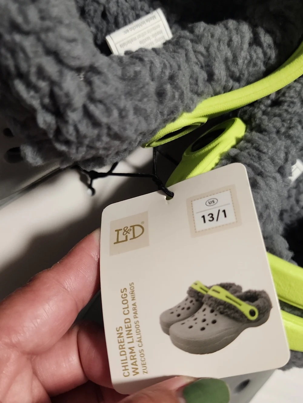 L&D Children's Warm Lined Clogs - Gray with Lime Strap, Size LittleKid13/BigKid1